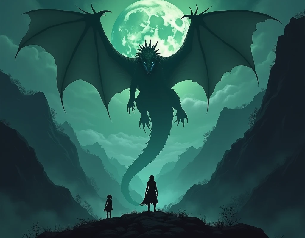 Dark and intense female scene((white hair))A lone man standing on top of a mountain at night. The woman was small and silhouetted against the dark sky., Showing the enormous size of the scene. He looked at the giant dragon&#39;s face., A terrifying dragon is approaching from the sky., Wings spread wide, Glowing eyes and green scales that sparkle in the moonlight. The atmosphere is creepy., There were dark clouds swirling and the mountains were rugged and steep.. The appearance of the dragon is terrifying and powerful., As if it could unleash disaster at any moment..