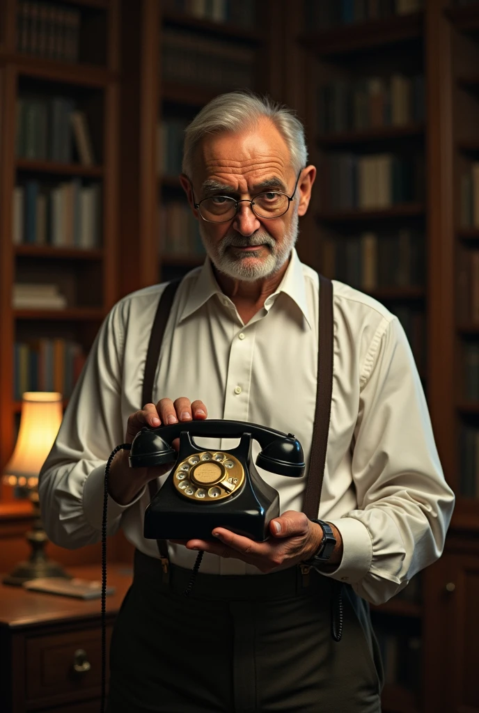 A man holding an old telephone