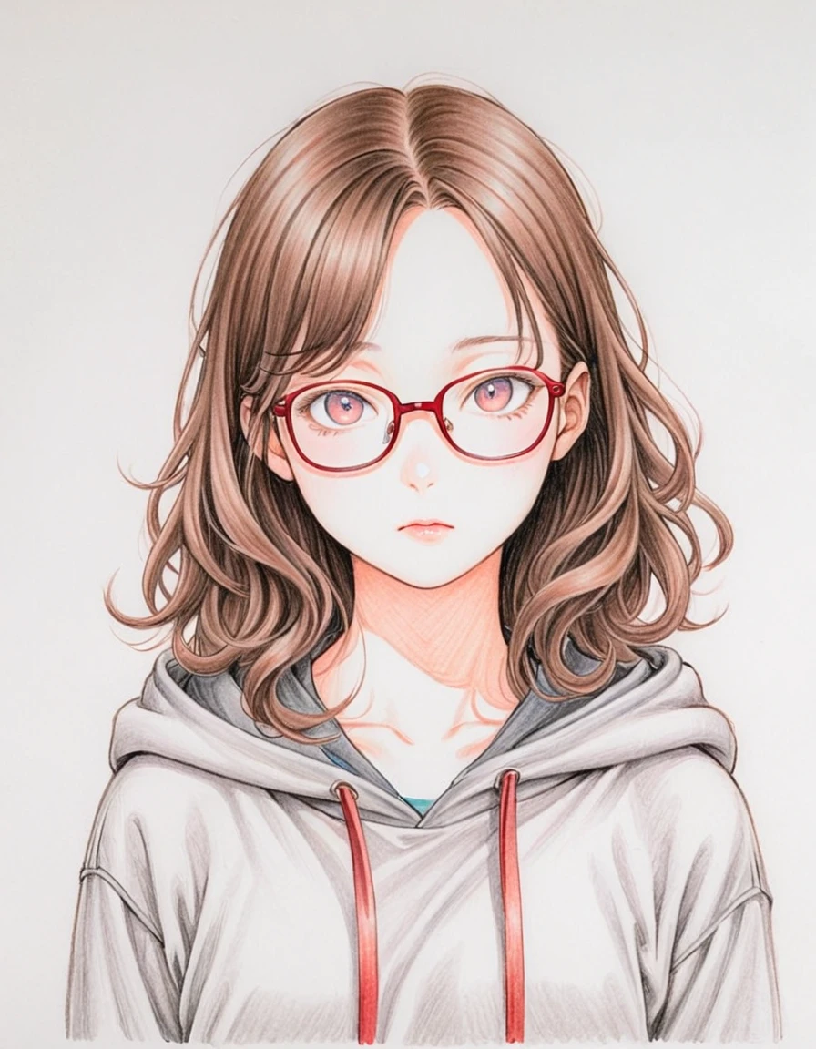 1 female, 30-year-old, alone, thin, slender, small breasts!!!, Loose curly hair, Bedhead, Forehead, thin, slender, (((glasses))), hoodie, Skinny skirt, Are standing, art, Colored pencil drawing, draft, White background, portrait