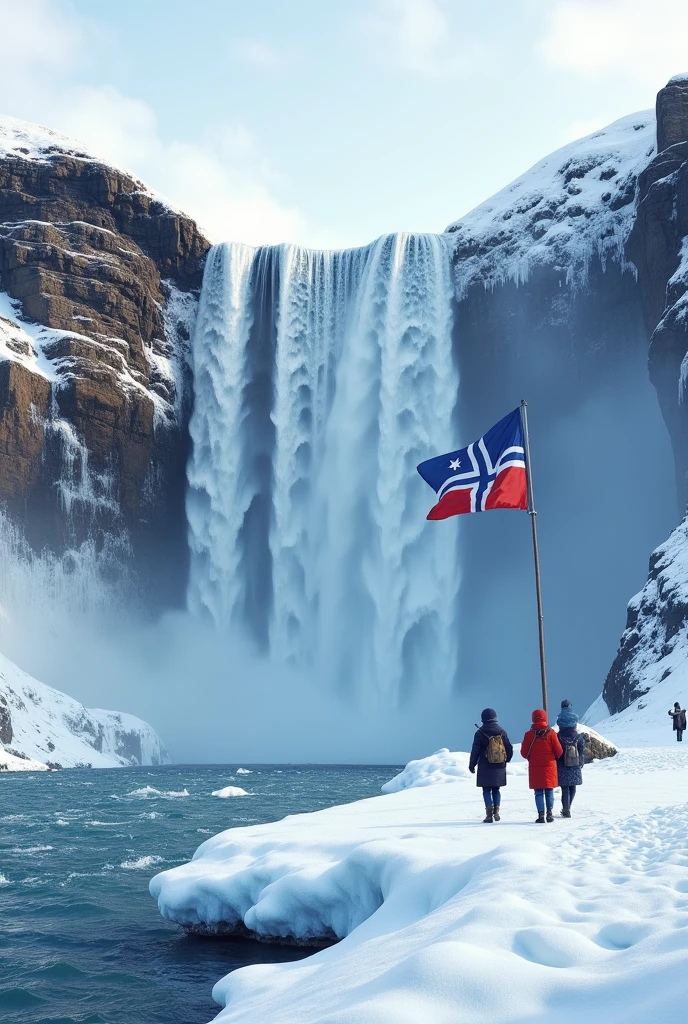 Huge Waterfall in snow in the sea.and tourists.and flag with blue,red,white nordic-cross colored and white star on the flag.not norwy flag!