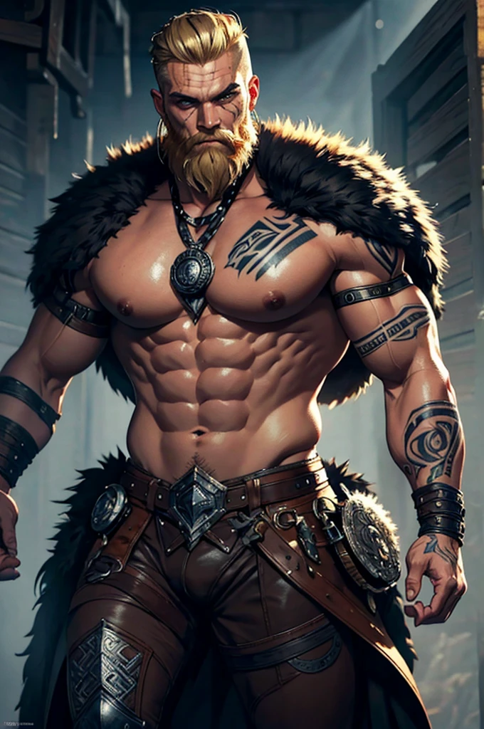 strongman, 1man, viking, whole body, Drawing style, (work of art), best qualityer, high resolution, 4K, 8k, detailed illustration, intricate-detail, cinematic lighting, incredible quality, male fit, amazing shading, soft lighting, front camera, blonde beard, short beard, blond hair, short hair, braided hair, black tattoo, nordic tattoos, wearing leather armor, leather chest armor, wearing black fur