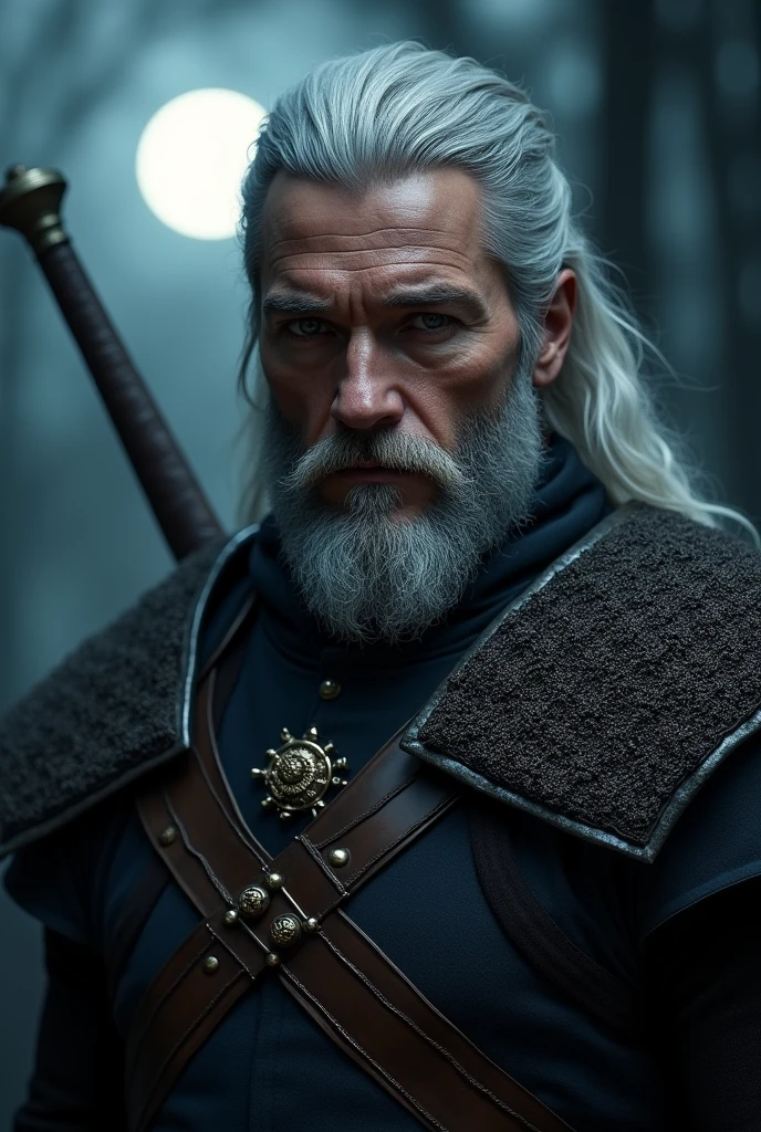 Actor Travis Fimmel (travis fimmel) Geralt of Rivia (Geralt of Rivia) Night portrait of, his face is illuminated by the full moon, He has a beard, Model shooting style (Extremely detailed CG Unity 8K), Full-frame photography of the world&#39;s most beautiful works of art, Medieval wizard armor, Greg Rutkowski&#39;s professional majestic paintings, Popular on artstation, Popular on CGsociety, complex, Very detailed, Be focused, dramatic, Midjourney&#39;s realistic paintings