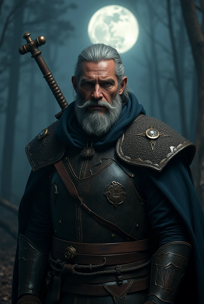 Actor Travis Fimmel (travis fimmel) Geralt of Rivia (Geralt of Rivia) Night portrait of, his face is illuminated by the full moon, He has a beard, Model shooting style (Extremely detailed CG Unity 8K), Full-frame photography of the world's most beautiful works of art, Medieval wizard armor, Greg Rutkowski's professional majestic paintings, Popular on artstation, Popular on CGsociety, complex, Very detailed, Be focused, dramatic, Midjourney's realistic paintings