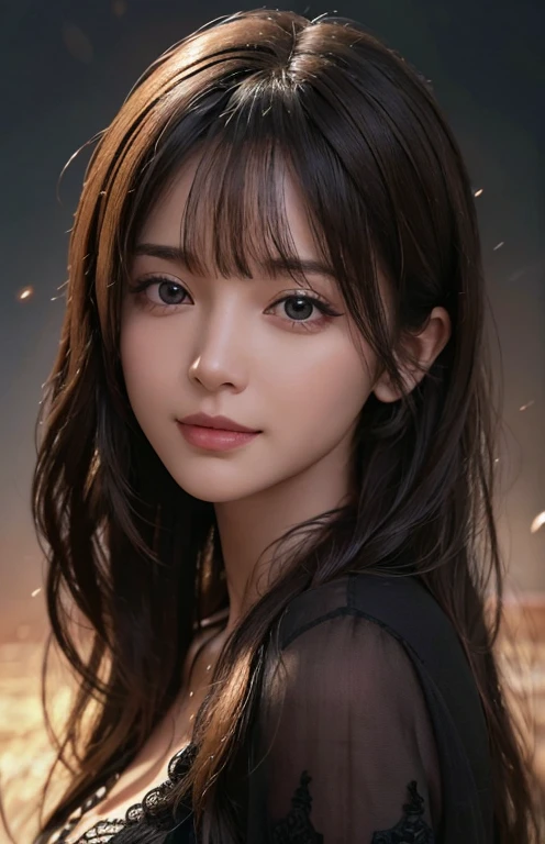 (Ultra Realistic), (Illustration), (Increased Resolution), (8K), (Extremely Detailed), (Best Illustration), (Beautiful and Detailed Eyes), (Best Quality), (Ultra Detailed), (Masterpiece ), ( wallpaper), (detailed face), solo, 1 girl, looking at viewer, fine details, detailed face, in the dark, deep shadows, low key, pureerosfaceace_v1, smiling, long hair, black shawl straight hair , 46 points oblique bangs