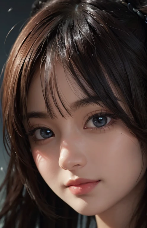 (Ultra Realistic), (Illustration), (Increased Resolution), (8K), (Extremely Detailed), (Best Illustration), (Beautiful and Detailed Eyes), (Best Quality), (Ultra Detailed), (Masterpiece ), ( wallpaper), (detailed face), solo, 1 girl, looking at viewer, fine details, detailed face, in the dark, deep shadows, low key, pureerosfaceace_v1, smiling, long hair, black shawl straight hair , 46 points oblique bangs