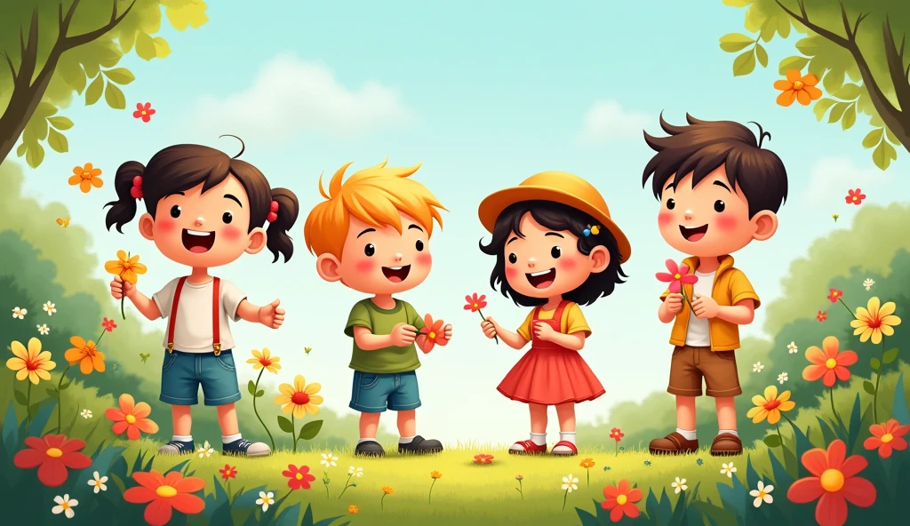 Cartoon four kids two boys two girls enjoying their day they play with flowers hide seek and sewing all images together 