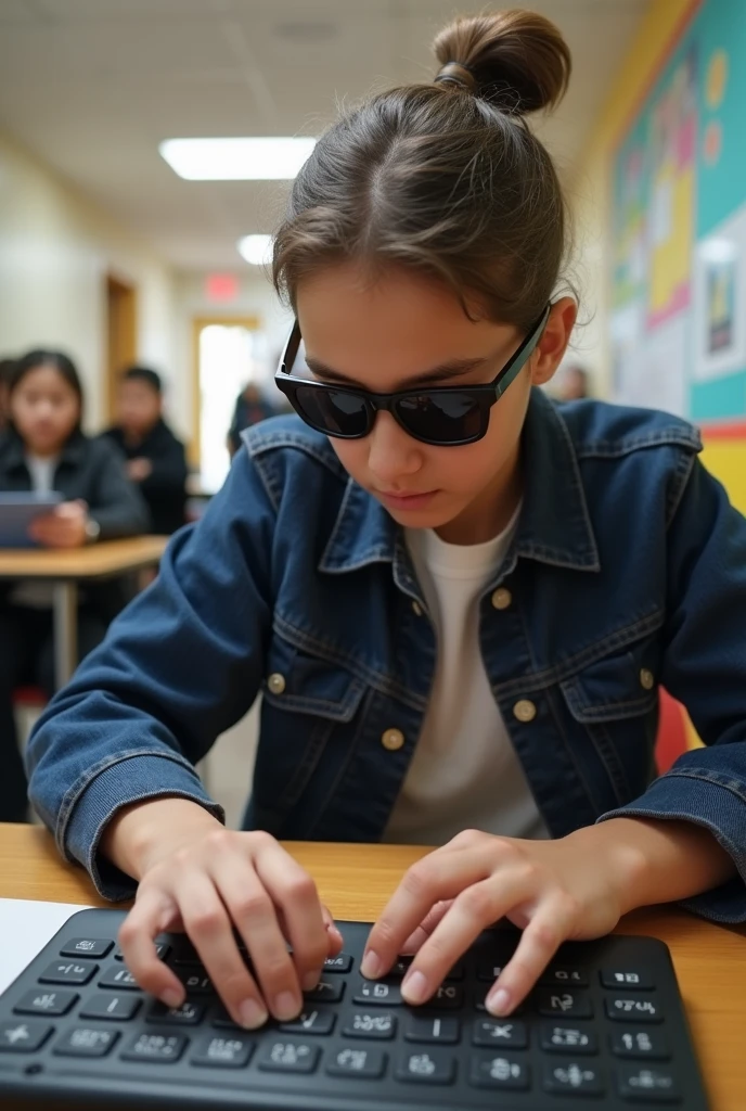 a blind teenager wearing sunglasses at school showing a braille keyboard
