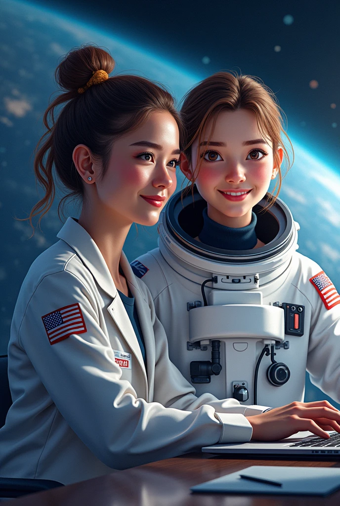 Creat a programmer and astronaut, programmer very good person and his age is 21 and astronaut she is a good person too her age 23 and both professional and ther in love make it cool decent and make it front look in this image 