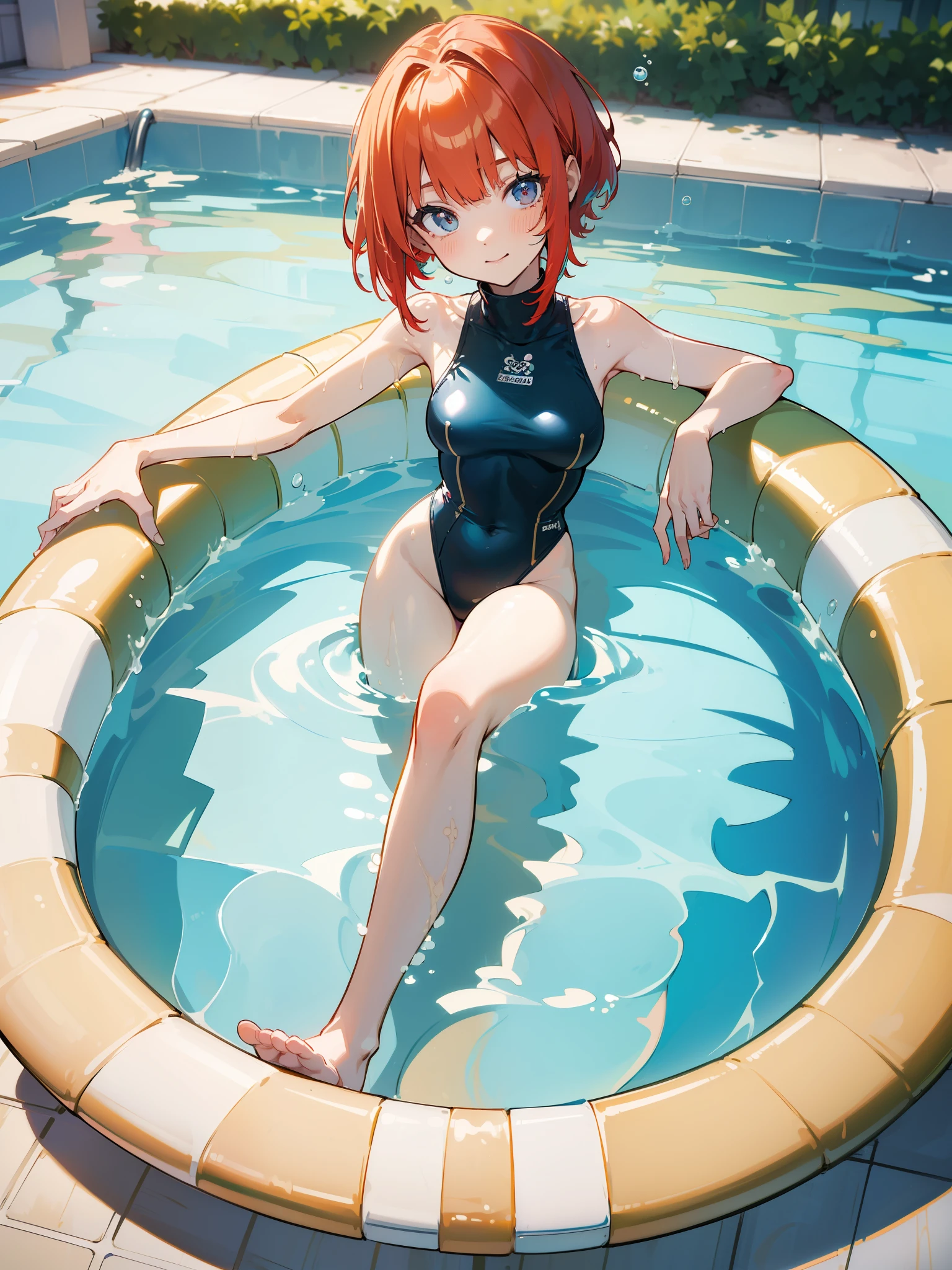 ((Best Quality)), ((masterpiece)), ((realist)) 1, redhead girl, shoulder length hair, relaxed happy face ((slender)) (busty), ((( Multicolor metallic turtleneck one-piece swimsuit ))) ((sexy )) textured pixie cut ) (((swimming pool))) 6 heads and a half full body