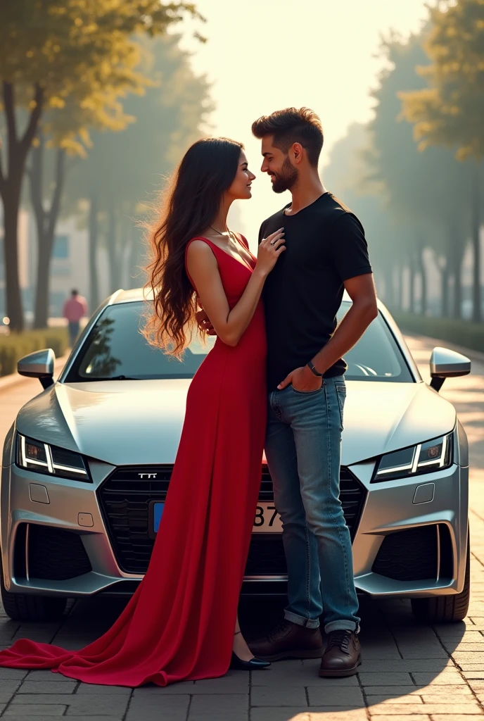 A girl with boy friend and audi tt that car number is KL 66 B 777 that boy with black shirt and blue jeans. girl with red frok and long hair 