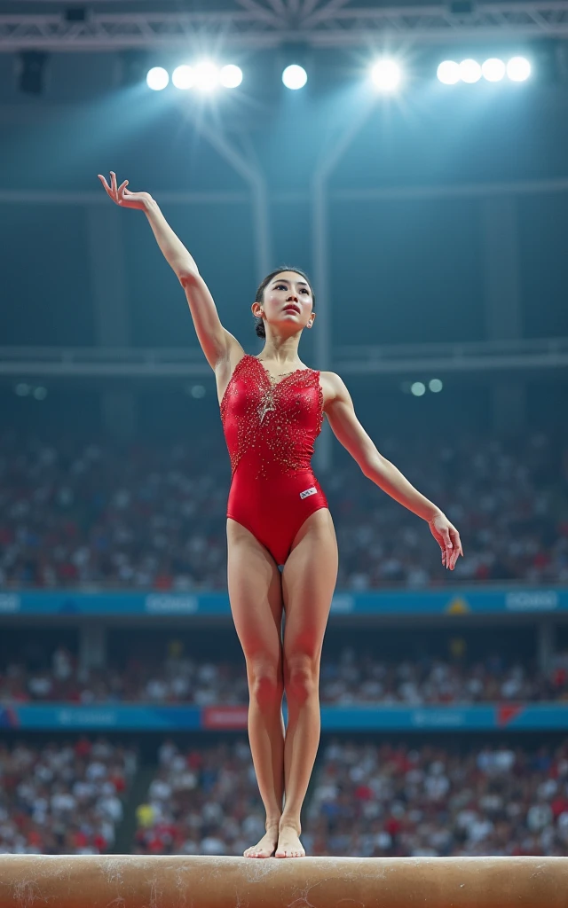 Ultra-high resolution,Olympic women's gymnastics,Red clothing,(1 Korean beauty,Super beautiful,Fair skin)full-body shot,Panoramic vistas,Wide-angle lens,Gymnastics moves,Exaggerated actions,Large amplitude of action,High degree of difficulty,Olympic indoor venues as background,Full audience,Passionate and intense