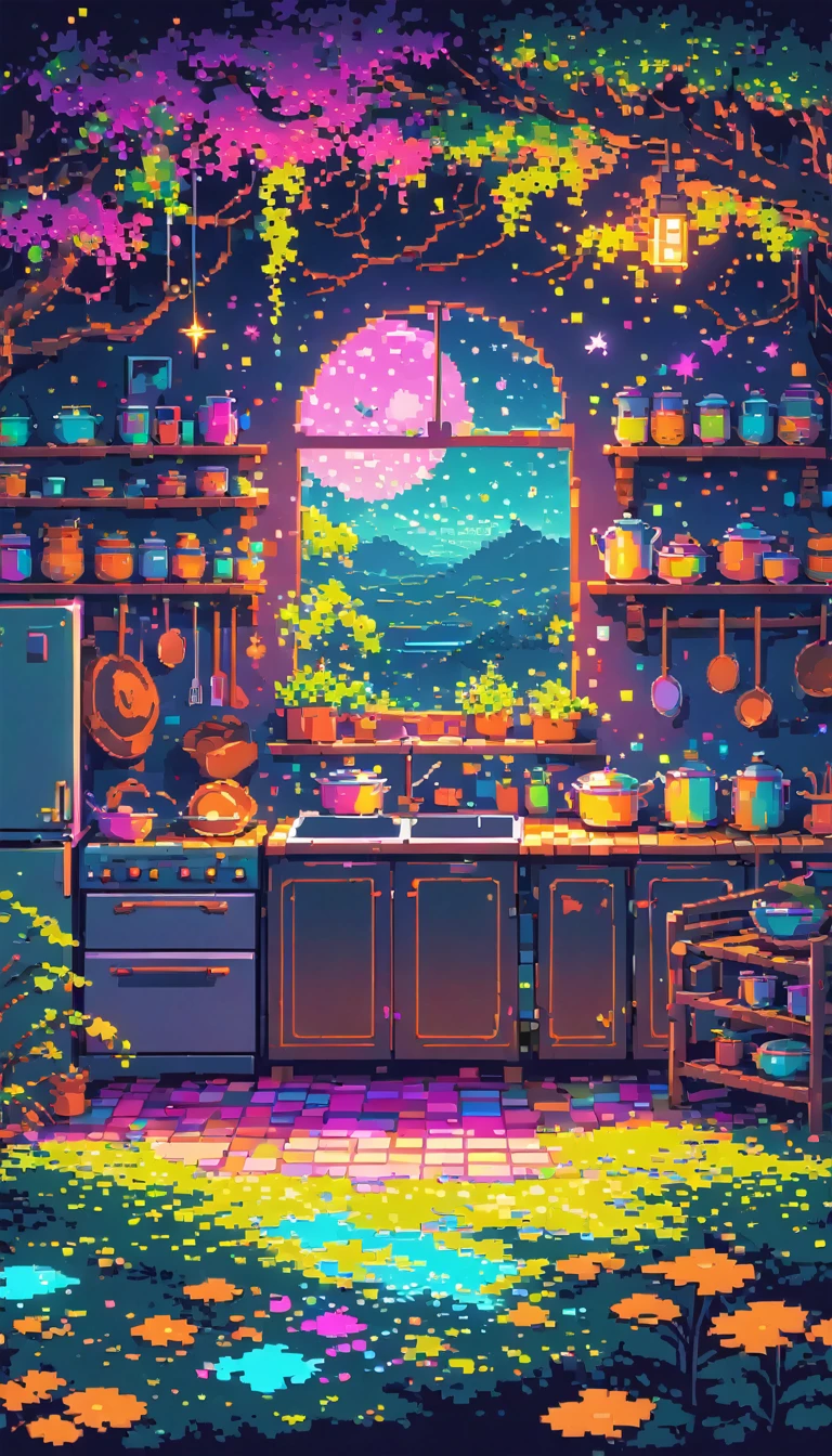dark neon Magical Witch pixel ,landscape, No people ,Witch's Kitchen