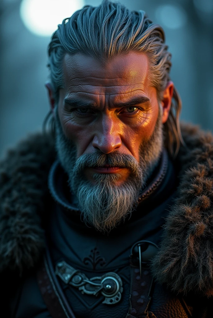 Actor Travis Fimmel (travis fimmel) Geralt of Rivia (Geralt of Rivia) Night portrait of, his face is illuminated by the full moon, He has a beard, Model shooting style (Extremely detailed CG Unity 8K), Full-frame photography of the world&#39;s most beautiful works of art, Medieval wizard armor, Greg Rutkowski&#39;s professional majestic paintings, Popular on artstation, Popular on CGsociety, complex, Very detailed, Be focused, dramatic, Midjourney&#39;s realistic paintings