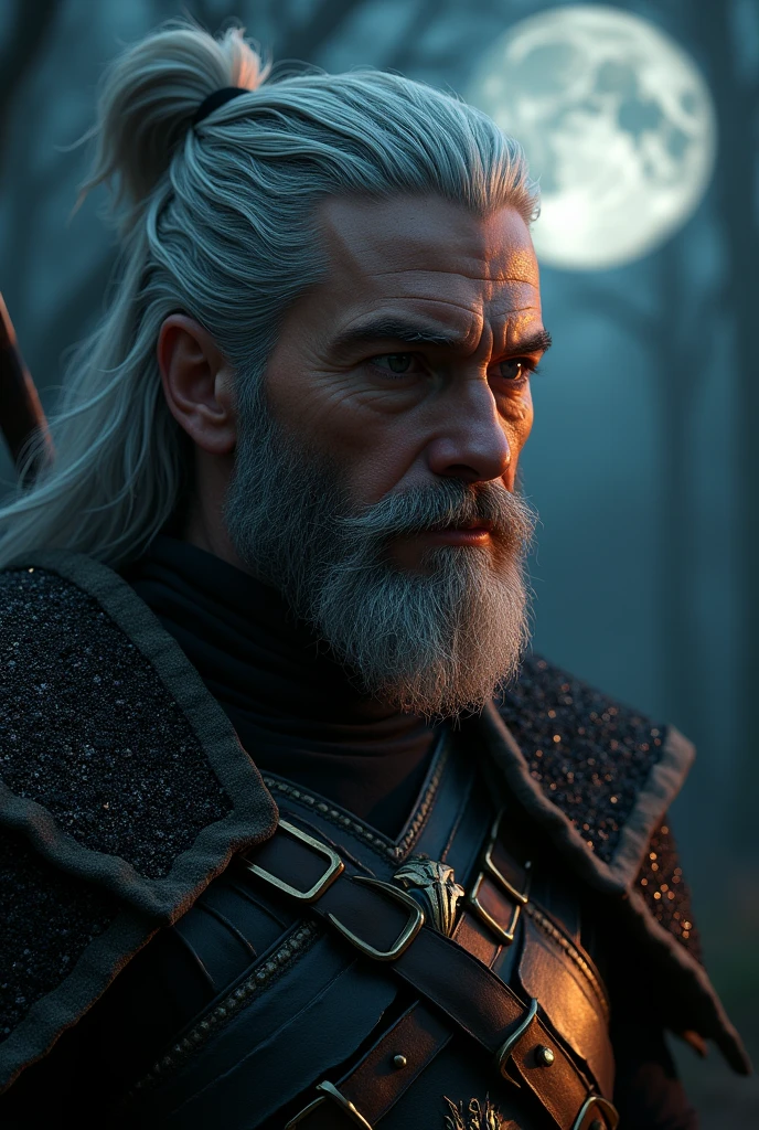 Actor Travis Fimmel (travis fimmel) Geralt of Rivia (Geralt of Rivia) Night portrait of, his face is illuminated by the full moon, He has a beard, Model shooting style (Extremely detailed CG Unity 8K), Full-frame photography of the world's most beautiful works of art, Medieval wizard armor, Greg Rutkowski's professional majestic paintings, Popular on artstation, Popular on CGsociety, complex, Very detailed, Be focused, dramatic, Midjourney's realistic paintings