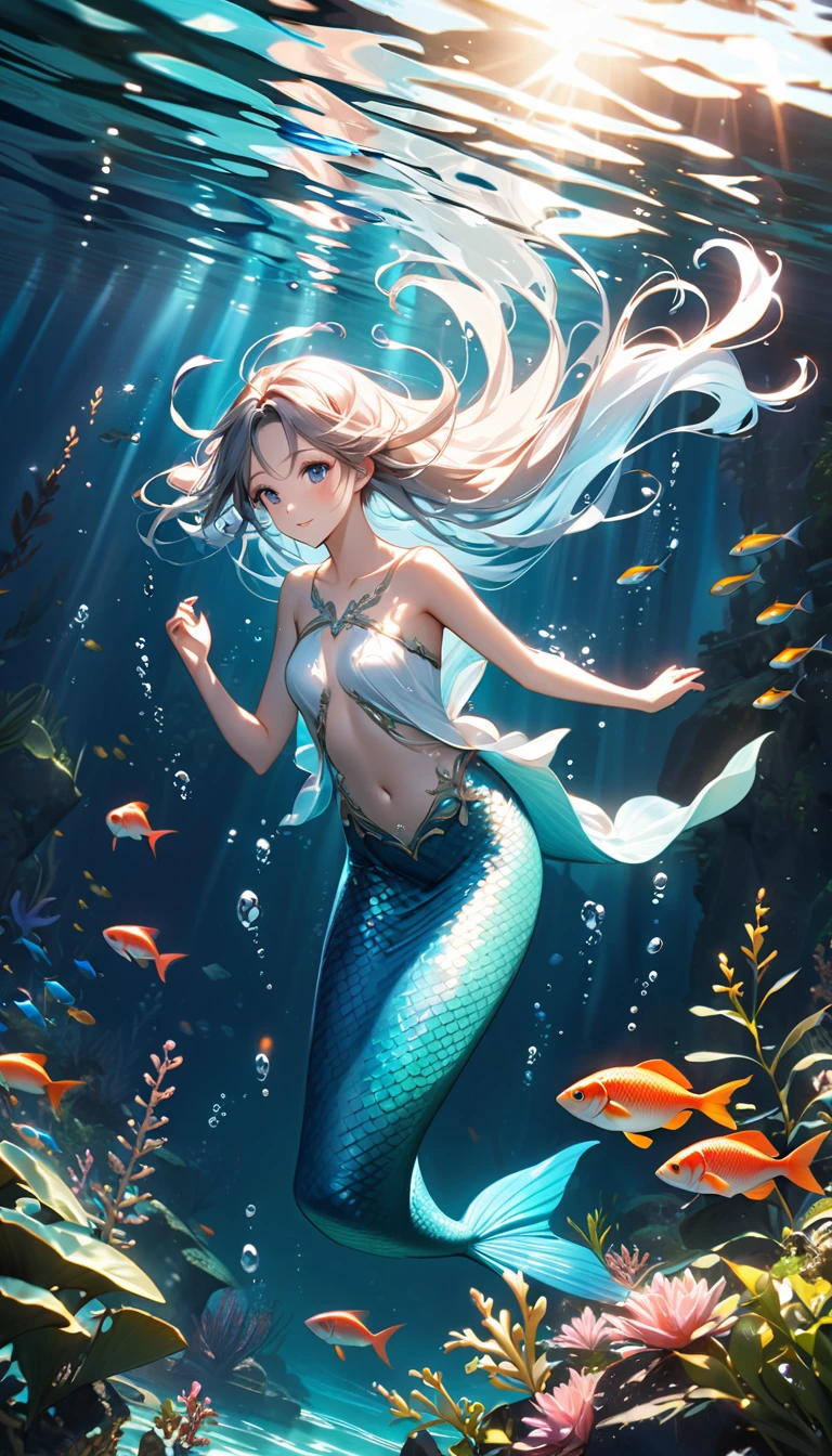 a beautiful mermaid swimming gracefully in crystal clear water, detailed eyes, delicate facial features, long flowing hair swaying in the water, colorful underwater plants and fish surrounding her, sunlight reflecting beautifully on the water's surface, serene and peaceful expression, highly detailed, 8K, best quality, photorealistic