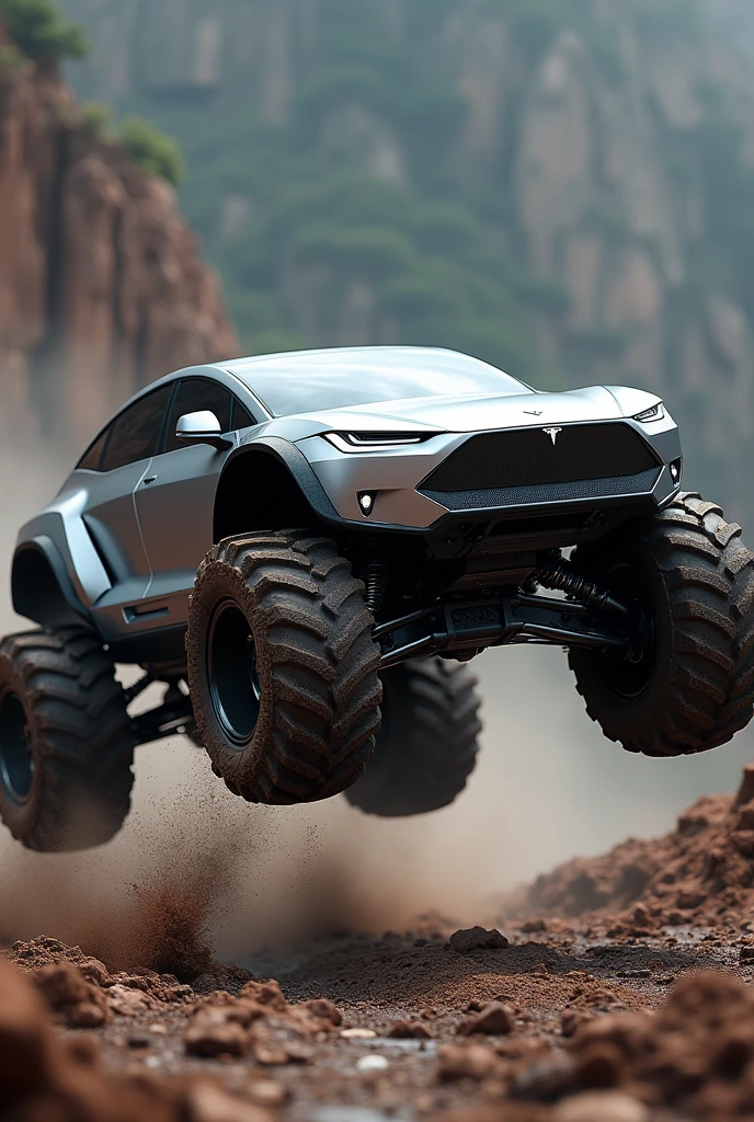 Cybertruck tesla silver. Big tyre. Monster truck tyre.. 4×4 . Off-road. On mud . Jumping from high place.from chilff Jumping . Very epic. Very stunning.