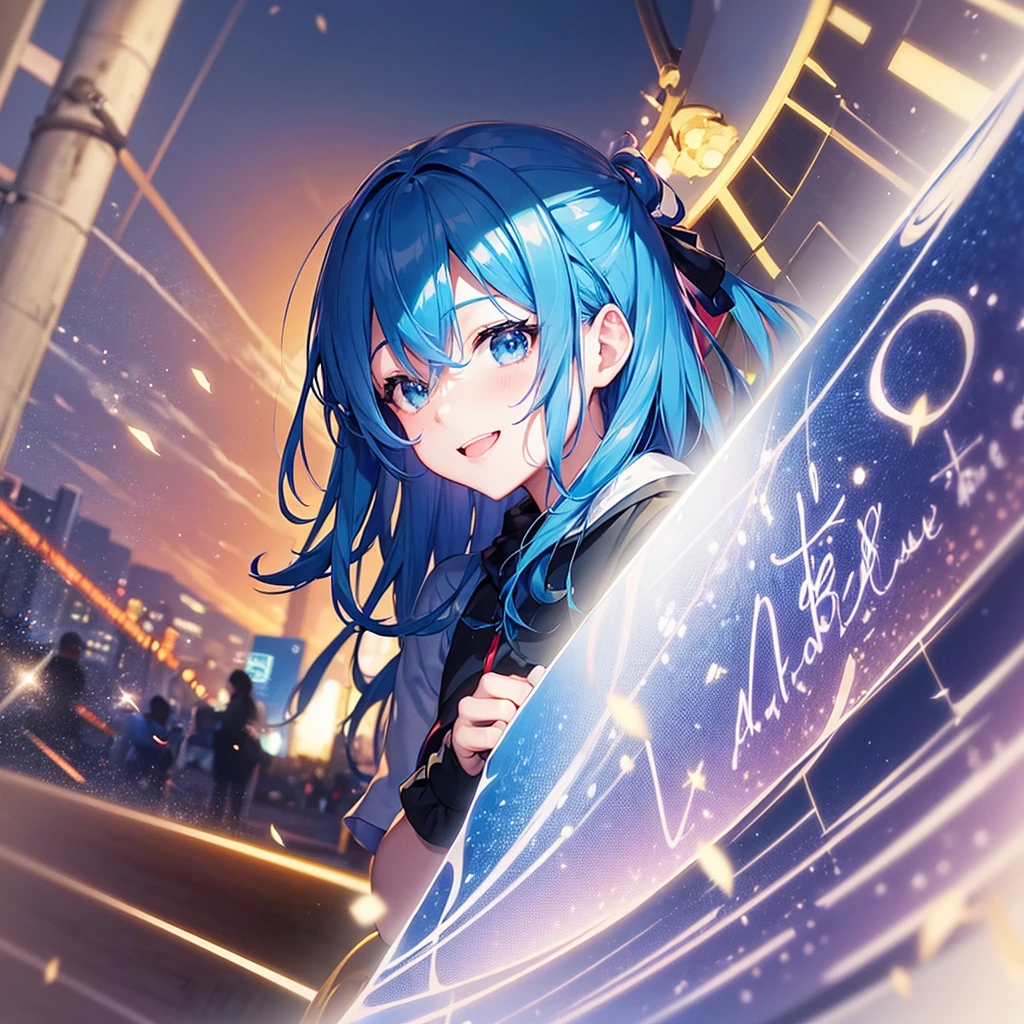 A YouTube banner image of a beautiful blue-haired idol、A bright smile brightens the mood