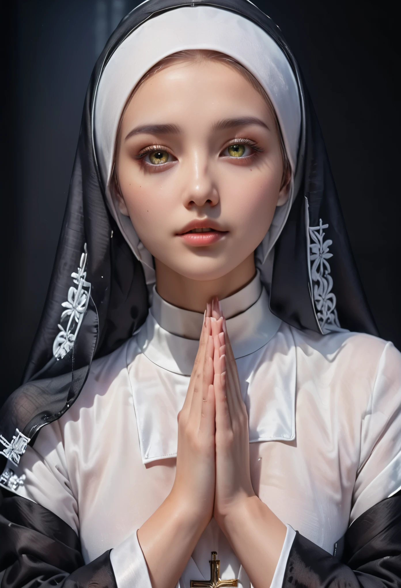 Beautiful nun, Exquisite facial features，Detailed depiction，Focused eyes，Hands together，Beautiful cross，close up，Rim Light，Glowing Effects，Full body portrait，Pure black background， High Detail, 4K, masterpiece.