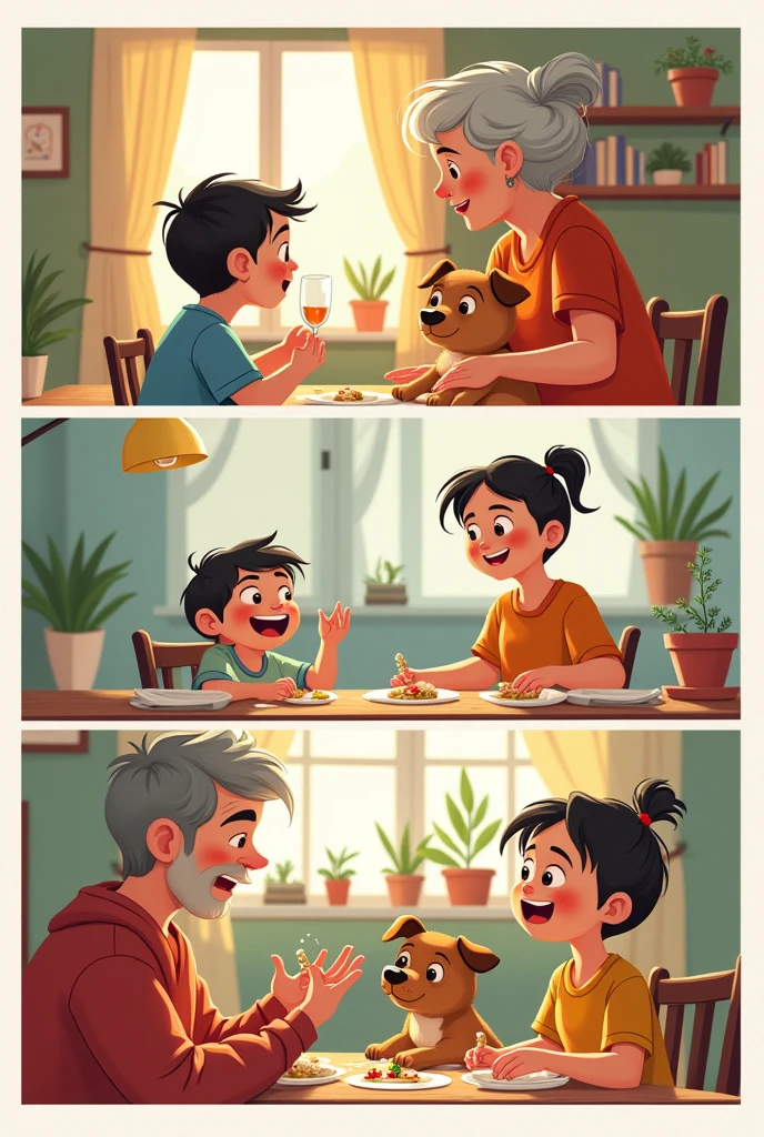 Create a comic sheet with the characters of a grandmother with a child, a dog and an Italian uncle