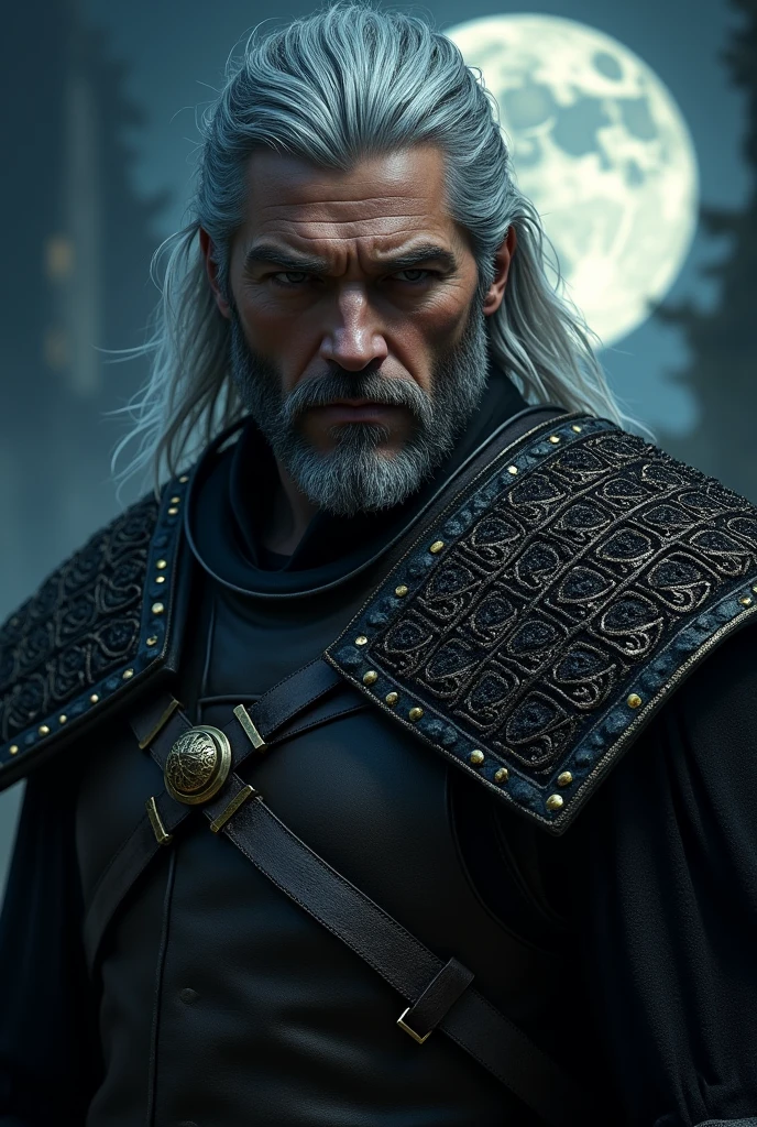 Actor Travis Fimmel (travis fimmel) Geralt of Rivia (Geralt of Rivia) Night portrait of, his face is illuminated by the full moon, He has a beard, Model shooting style (Extremely detailed CG Unity 8K), Full-frame photography of the world&#39;s most beautiful works of art, Medieval wizard armor, Greg Rutkowski&#39;s professional majestic paintings, Popular on artstation, Popular on CGsociety, complex, Very detailed, Be focused, dramatic, Midjourney&#39;s realistic paintings