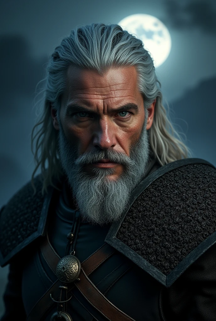 Actor Travis Fimmel (travis fimmel) Geralt of Rivia (Geralt of Rivia) Night portrait of, his face is illuminated by the full moon, He has a beard, Model shooting style (Extremely detailed CG Unity 8K), Full-frame photography of the world's most beautiful works of art, Medieval wizard armor, Greg Rutkowski's professional majestic paintings, Popular on artstation, Popular on CGsociety, complex, Very detailed, Be focused, dramatic, Midjourney's realistic paintings