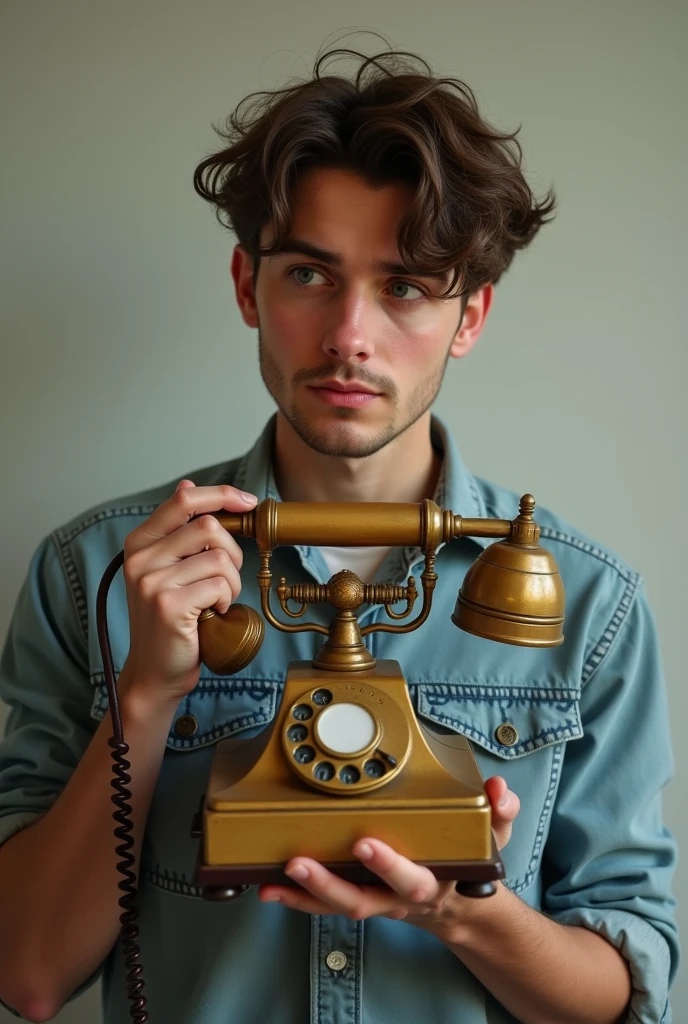 A young man holding an old telephone