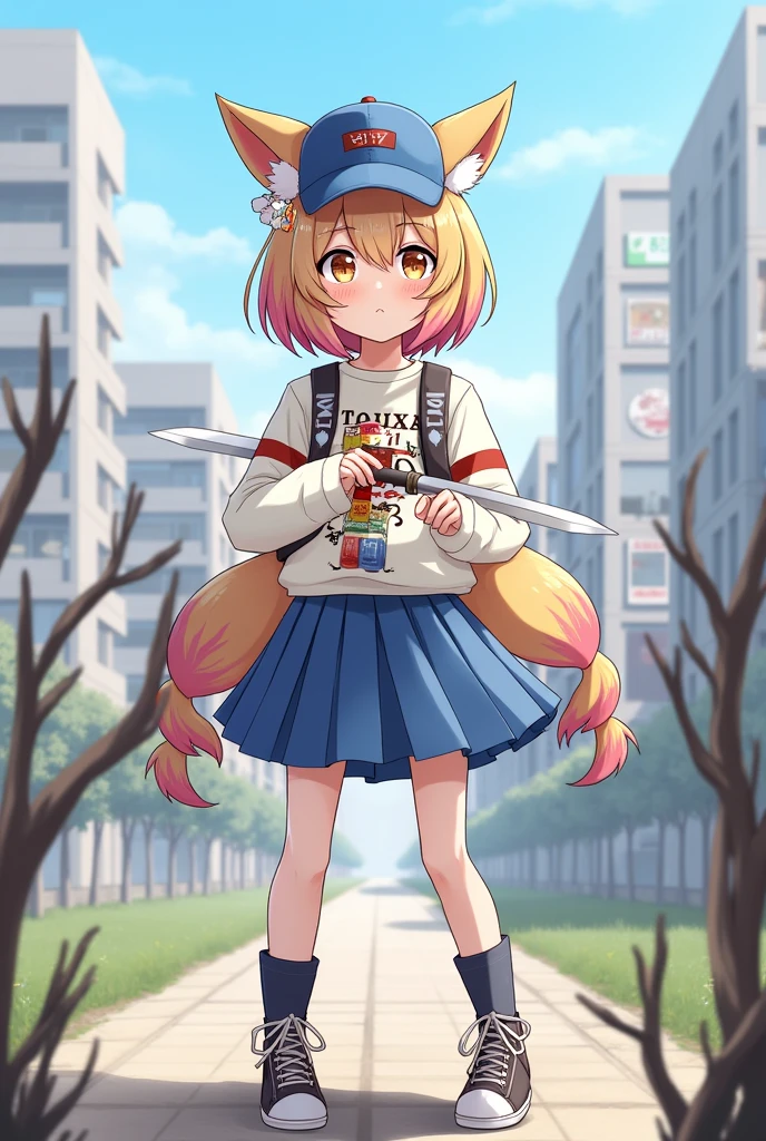 One person, Teen, (Animal ears), Straight, whole body, View your viewers, Hair between the eyes, hair ornaments, Multicolored Hair, Twin Blade, Fox's Tail, (Multiple tails:1.3), badge, bangs, (Blue baseball cap:1.2), Clothes writing, White clothes, Food, Food down, Are standing, Long sleeve, Mouth closed, (Blue Skirt:1.05), alone, (A slight blush:0.9), bare wood, building, city, cityscape, Day, Outdoor, swoodt, Tokyo (city), wood