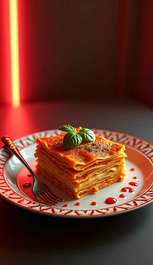 A spectacular and elegant image of a mouthwatering plate of lasagna, styled and arranged to form the silhouette of a buzzing Bee. The dish is presented on a large, stylish plate with a rim illuminated by a subtle bright red neon light. The lasagna layers are artfully arranged, and the dish is garnished with a sprinkle of fresh basil. The plate's rim creatively spells out "BUZZ!" in a bold, fluid style, using tomato sauce as the medium. A unique fork with the "BUZZ " logo engraved on its handle rests against the plate. The overall composition is a stunning blend of culinary art, sophistication, and visual appeal, showcasing the perfect fusion of food and design. This high-detail, ultra-realistic image captures the essence of a luxurious dining experience., photo, 3d render, conceptual art, vibrant