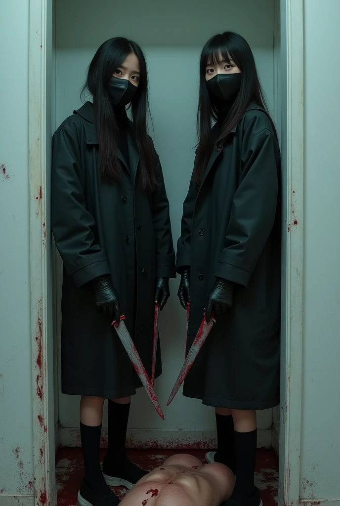 2 korean girls, (holding knife, black surgical mask), stabbing, black leather gloves, entrance of the house, black raincoat, girl only, bloody knife, leather gloves, looking at viewer, white room, blood splatter, night, mass murderer, killer, blood splatter, bloody room, behind stiff, behind cadaver,