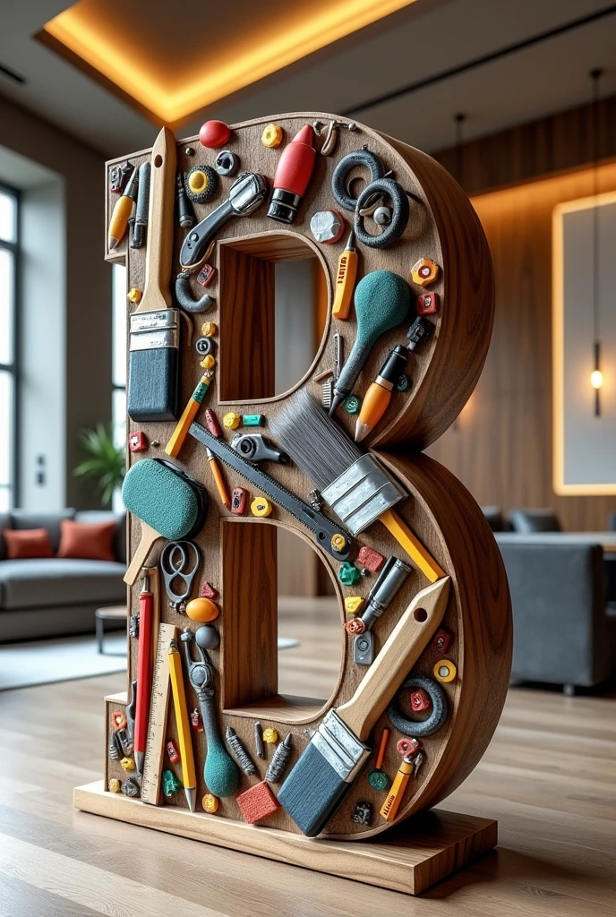 A huge letter B tilted made out of "house building materials like brush,ruller,Pencil, Roller, safty golves,Googl eye glass",background inside view of well designed house with" ceiling ,lights ,designed walls,tables, sofas and table, write boldly "Beemnet's interior Design..." at the bottom