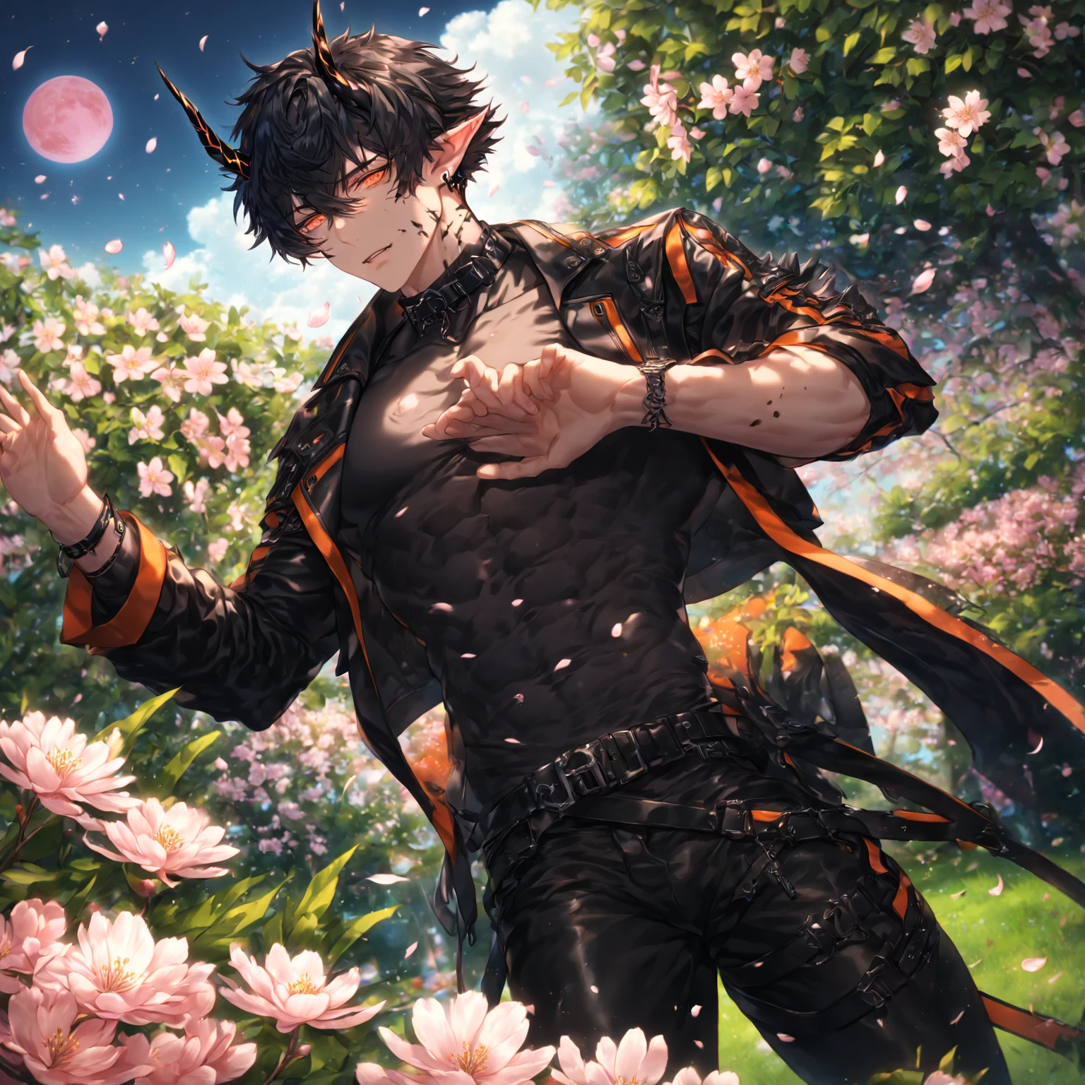 absurdres, highres, ultra detailed, HDR) master piece, best quality, extremely detailed, detailed face, detailed eyes, delicated features, Flamebringer, black hair, expressive orange eyes, Arknights, solo, sexy man, handsome, toned, sensual, black horns, slightly pointed ears, black marks on the face, cropped leather jacket with orange patterns, tight turtleneck shirt, collar, black leather pants, cherry blossoms, garden, pink flowers, fantasy, magical, pink moon, blue sky