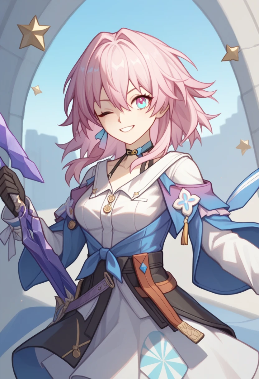 Fraction_9,Fraction_8_Direction_7_up,1 Girl, marching_Seventh_\(Collapse:_Star_rail\), pink_hair, blue_Eye, Moderate_hair, long_sleeve, pink_Eye, Two-color_Eye, blue_jacket, Black_Necklace, Moderate_breast, hair_between_Eye, armor,Purple sword,Complex background