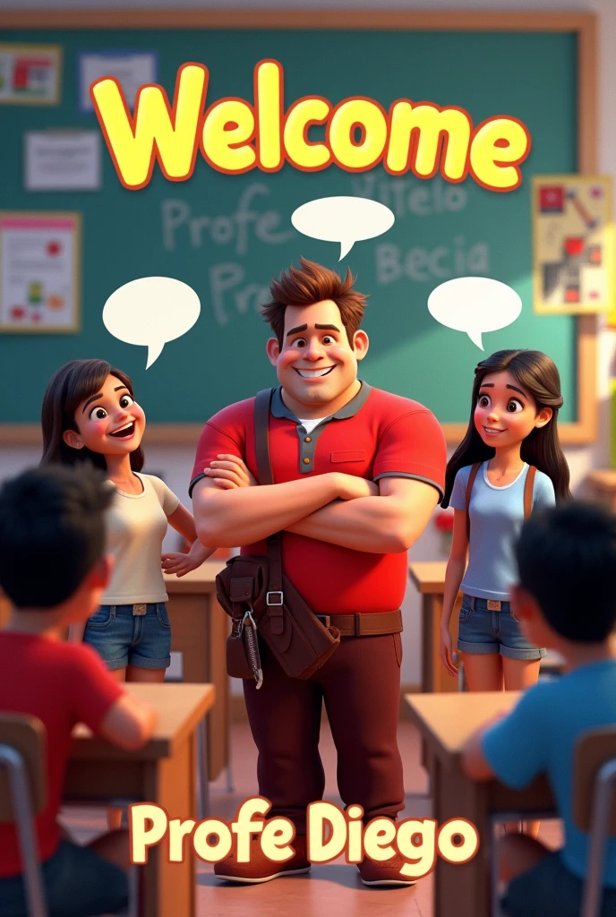 Create a Wreck-It Ralph movie cover as a happy teacher with his students behind him in a classroom. At the top it should say WELCOME and at the bottom should be the text Profe Diego in Spanish the texts with balloons around