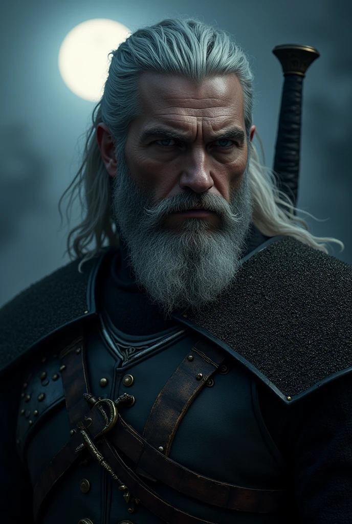 Actor Travis Fimmel (travis fimmel) Geralt of Rivia (Geralt of Rivia) Night portrait of, his face is illuminated by the full moon, He has a beard, Model shooting style (Extremely detailed CG Unity 8K), Full-frame photography of the world&#39;s most beautiful works of art, Medieval wizard armor, Greg Rutkowski&#39;s professional majestic paintings, Popular on artstation, Popular on CGsociety, complex, Very detailed, Be focused, dramatic, Midjourney&#39;s realistic paintings