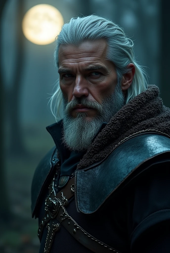 Actor Travis Fimmel (travis fimmel) Geralt of Rivia (Geralt of Rivia) Night portrait of, his face is illuminated by the full moon, He has a beard, Model shooting style (Extremely detailed CG Unity 8K), Full-frame photography of the world&#39;s most beautiful works of art, Medieval wizard armor, Greg Rutkowski&#39;s professional majestic paintings, Popular on artstation, Popular on CGsociety, complex, Very detailed, Be focused, dramatic, Midjourney&#39;s realistic paintings