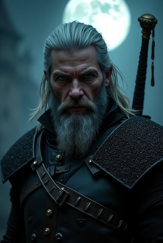 Actor Travis Fimmel (travis fimmel) Geralt of Rivia (Geralt of Rivia) Night portrait of, his face is illuminated by the full moon, He has a beard, Model shooting style (Extremely detailed CG Unity 8K), Full-frame photography of the world's most beautiful works of art, Medieval wizard armor, Greg Rutkowski's professional majestic paintings, Popular on artstation, Popular on CGsociety, complex, Very detailed, Be focused, dramatic, Midjourney's realistic paintings