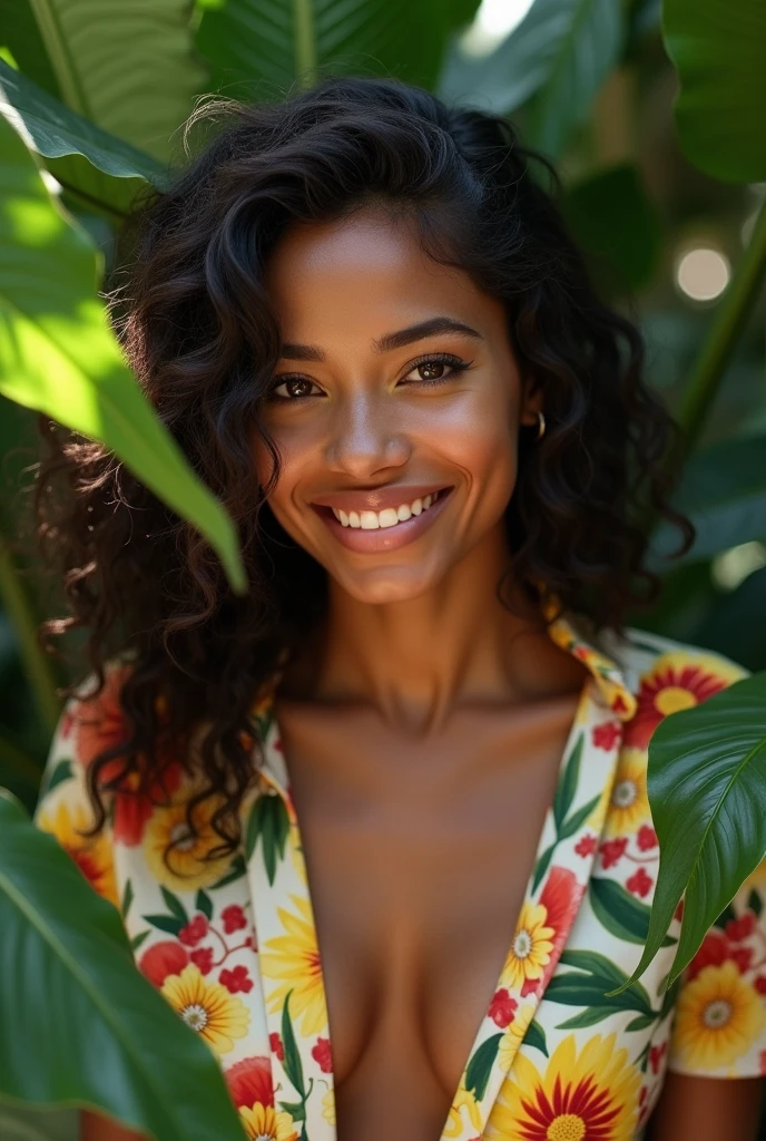 A Brazilian woman in a lush tropical garden, wearing an open shirt with a floral print, with a close-up capturing the harmonious beauty between her breasts and the natural flowers, showing off your natural charm and outgoing personality.