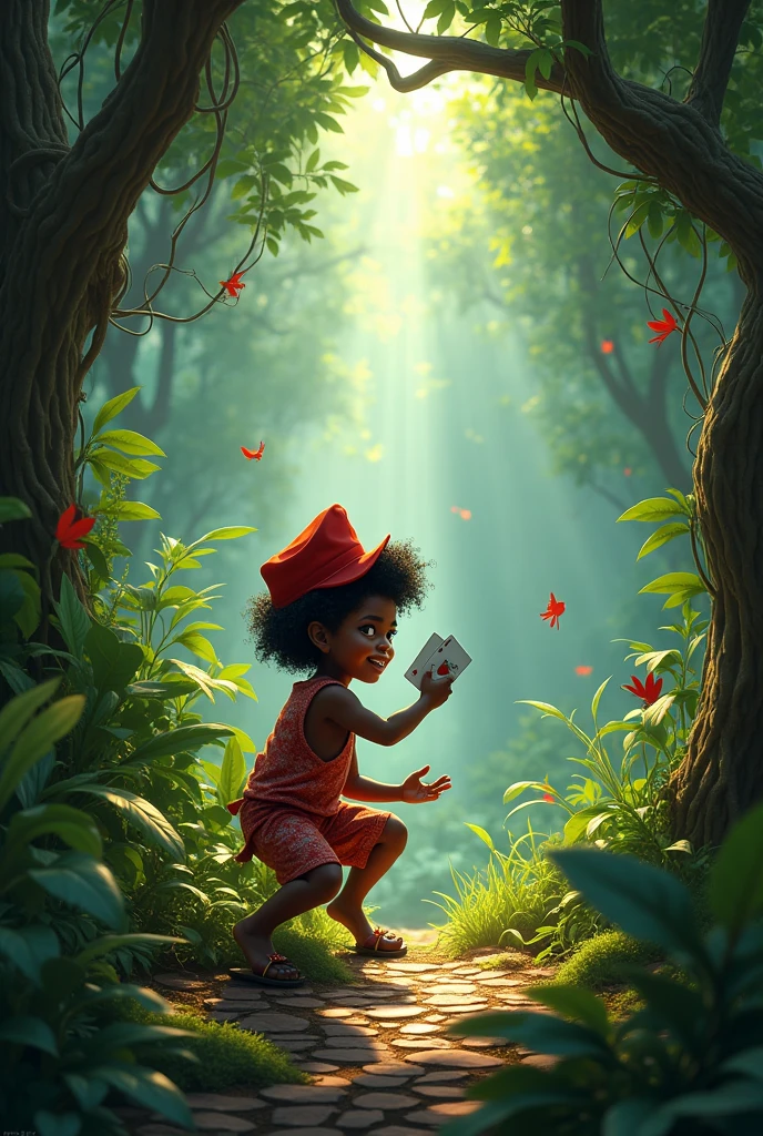background de floresta , Brazilian folklore theme , with the saci playing cards