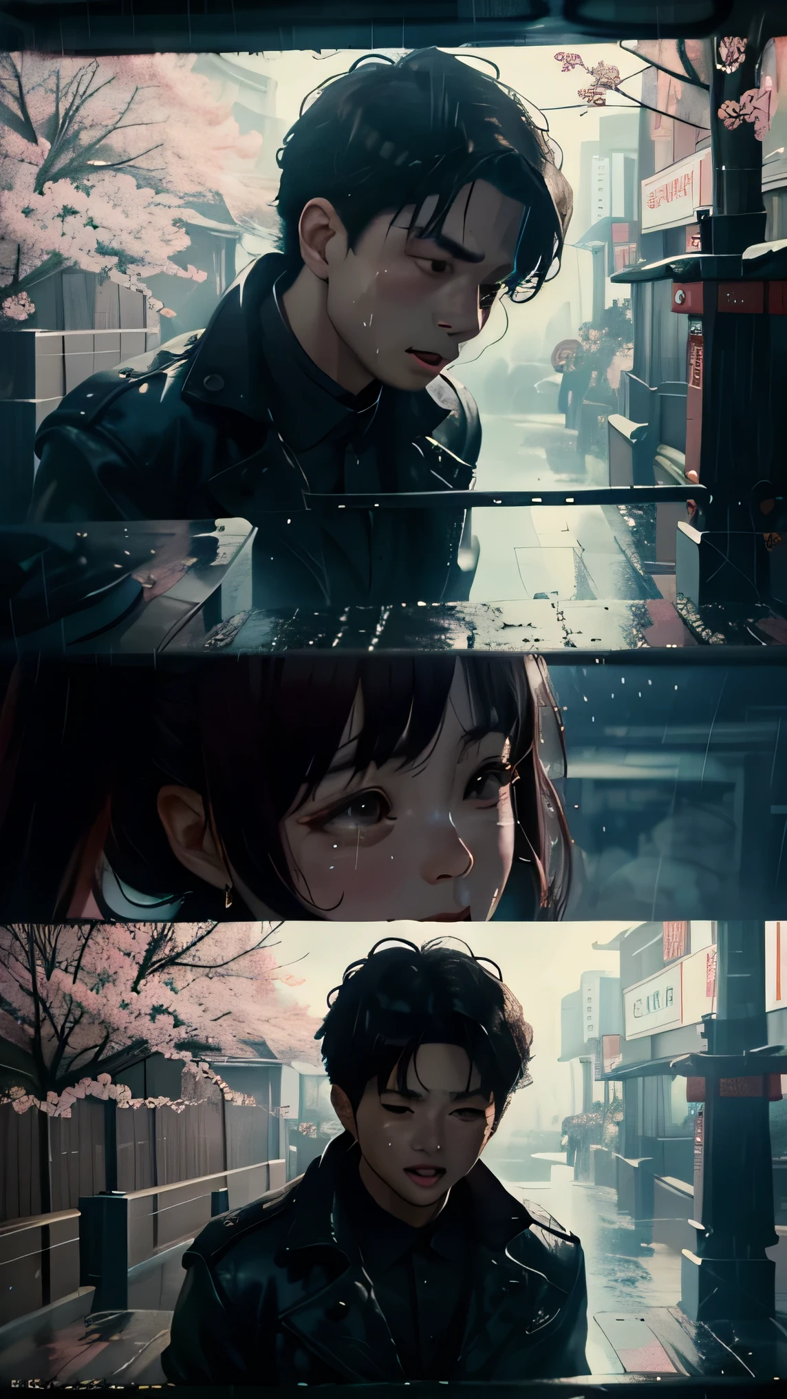 young beautiful man and woman crying together, in Korea, raining, Sakura, 4k, love. details , wide angle, full body, beautiful faces,