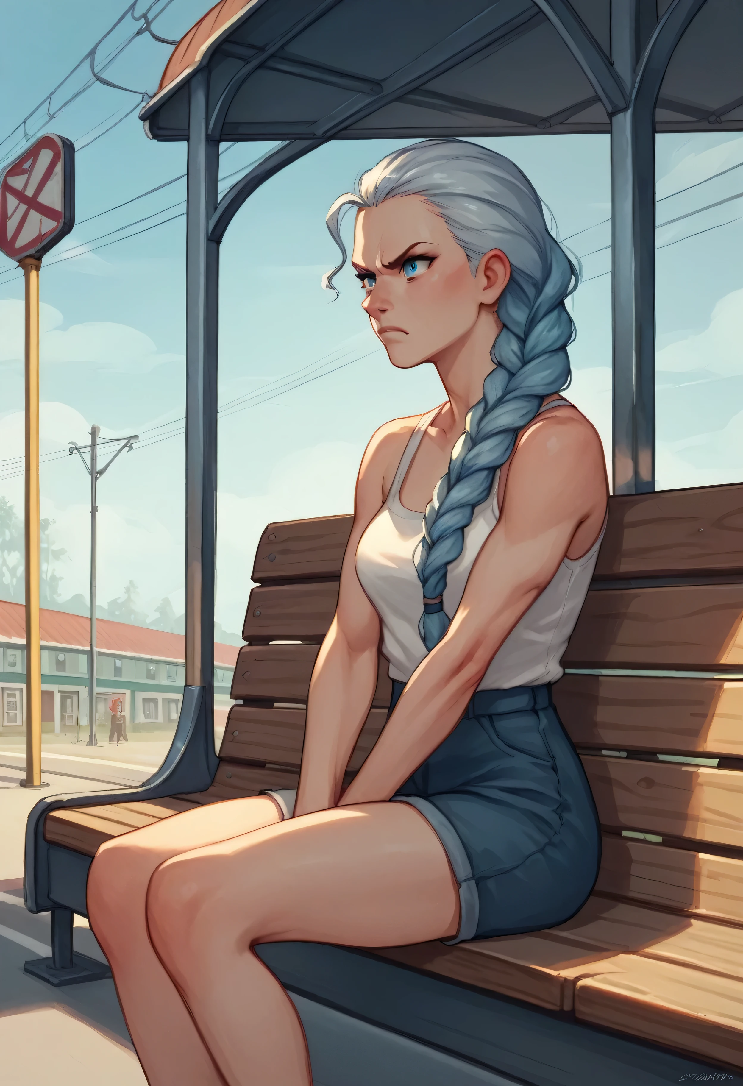 Skylina Bloom, now , sitting on a bench outside a train station, looking angry with her arms crossed. She's wearing modern summer attire. She has a slightly athletic build, long hair tied in a braided ponytail, silver-white slightly curly hair, and turquoise blue eyes. The image is in a realistic style with watercolor and black pencil sketch, capturing her frustrated expression and body language. The focus is on Skylina's mood and posture as she sits on the bench, set in the urban environment of the train station.