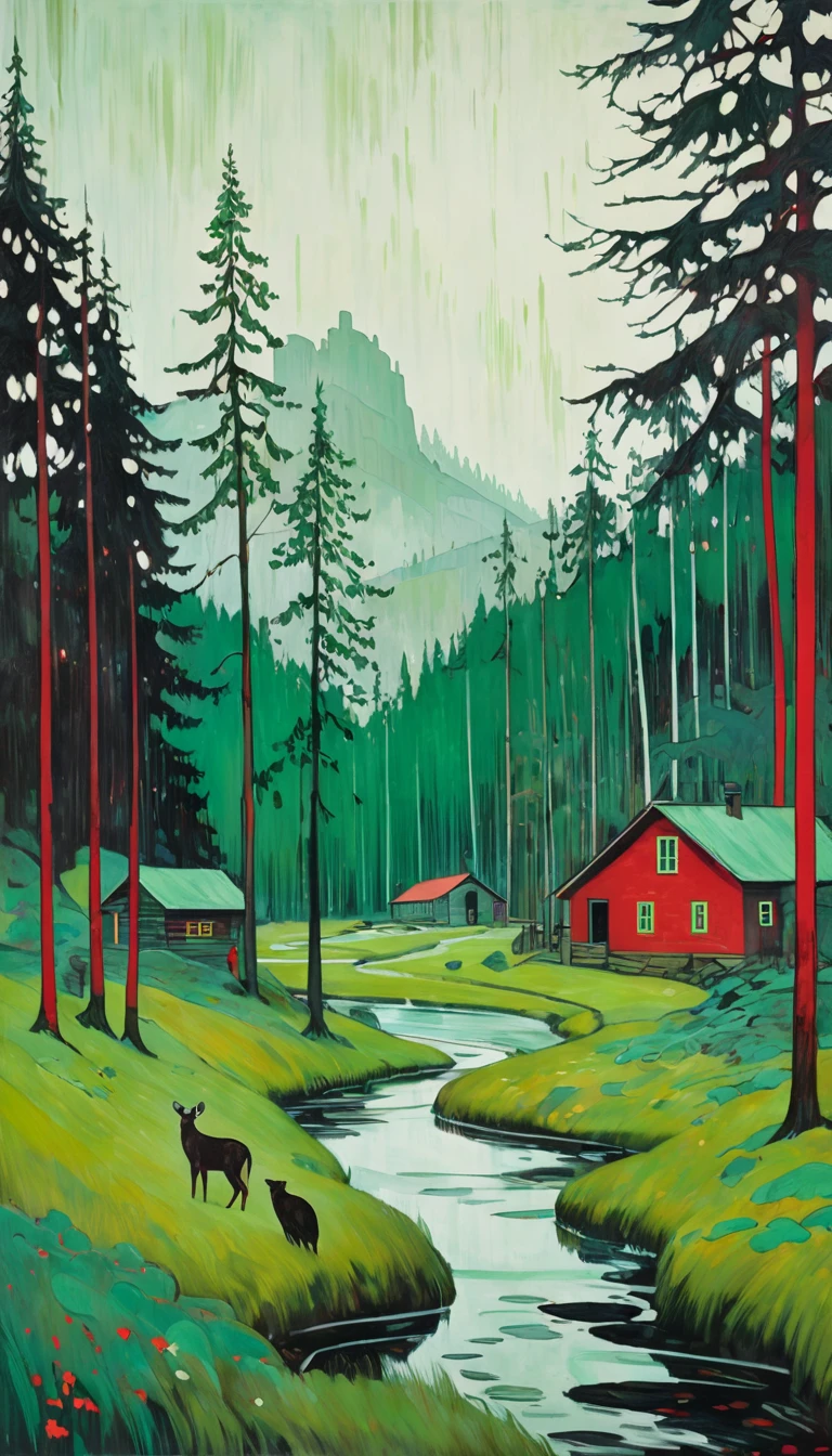 artist by Peter Doig,inside the village,wild animals,light tones,(smooth strokes),fine sketches,Vivid,Moody,Landscapes,Fantasy,Dark,landscape oil painting, red and green colors
