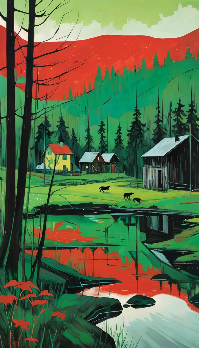 artist by Peter Doig,inside the village,wild animals,light tones,(smooth strokes),fine sketches,Vivid,Moody,Landscapes,Fantasy,Dark,landscape oil painting, red and green colors