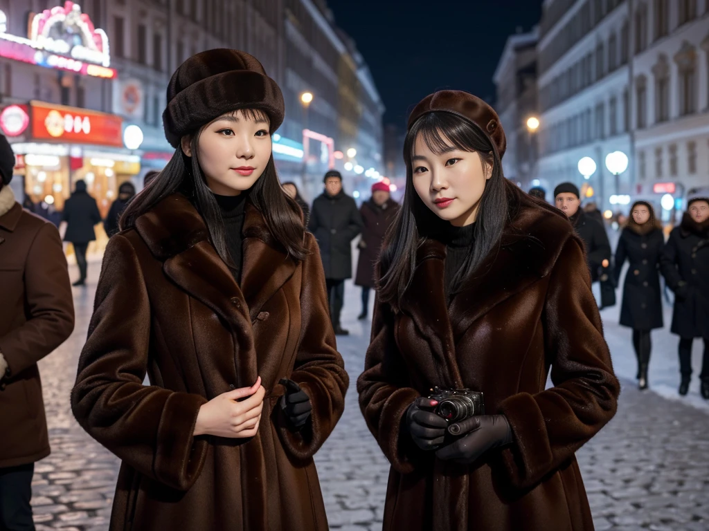 In the city of Russia、Wearing an old-fashioned mink fur coat、woman。Looking at this、(((Staring at the photographer、ペアのwoman)))