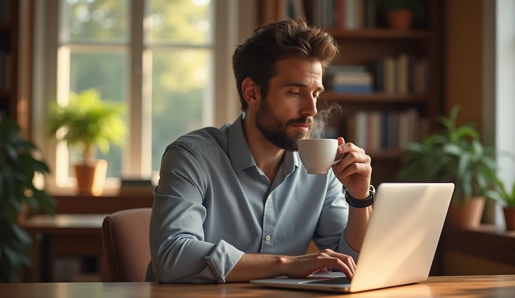 room, a man in his 30s drinking coffee while sitting at a table with a laptop