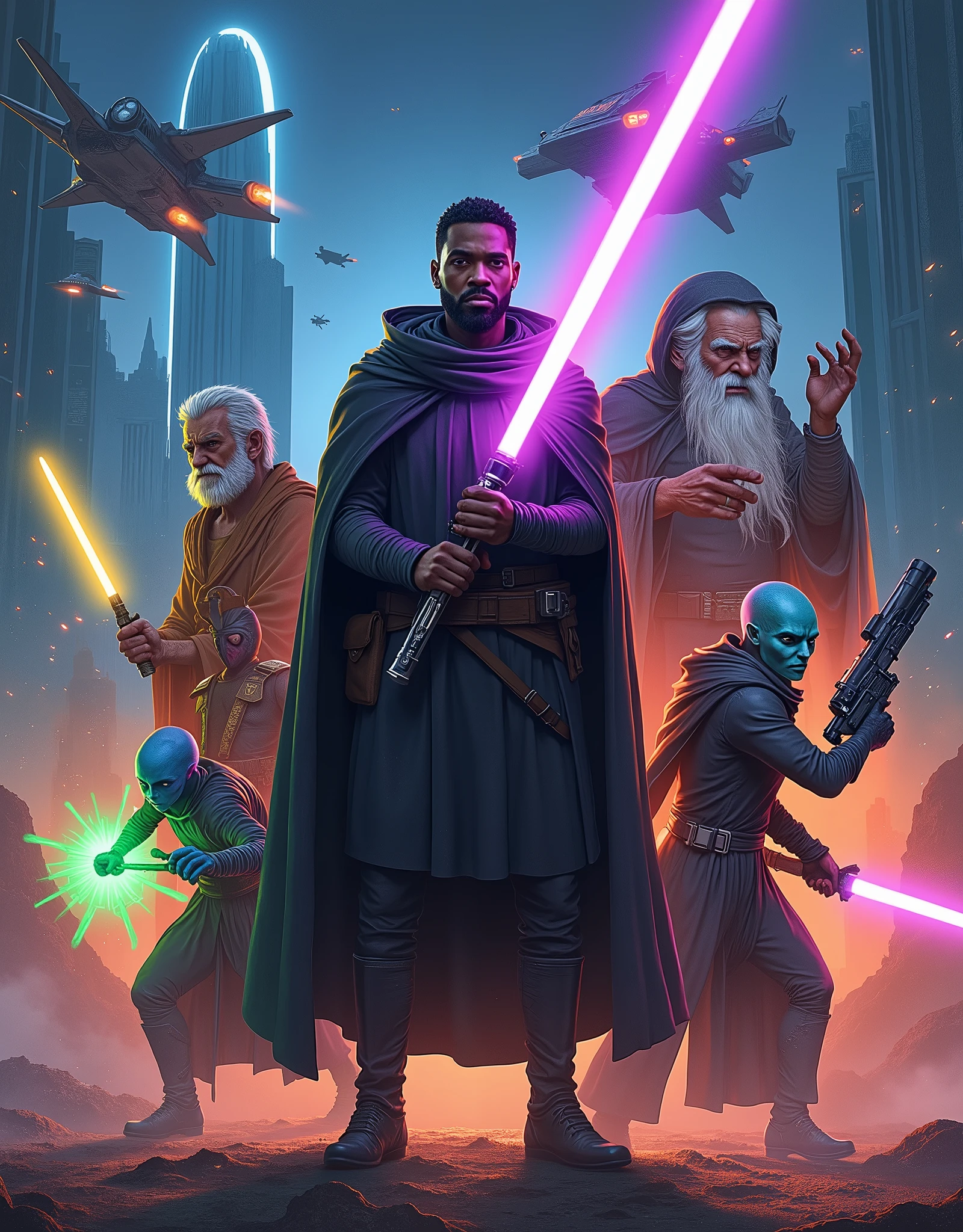 A captivating and visually stunning sci-fi movie poster featuring a central figure, a determined black man in a dark cloak, wielding a glowing purple lightsaber. Surrounding him is a diverse array of characters, including a blue-skinned alien, a bearded elder with a green sphere of energy on his hands, a woman with dark hair and a yellow energy knives, a little strong alien with blue hair wielding a purple energy staff and brown robes and hood, and a slim human-shaped droid in black heavy armor wielding a heavy blaster. The background showcases a futuristic cityscape with towering structures, while aerial combat spacecraft engage in intense battles. The color palette is a striking blend of blues, oranges, and reds, evoking an intense and dynamic atmosphere. The composition is packed with action and intrigue, making it an unforgettable illustration that promises a thrilling cinem, illustration, poster, cinematic