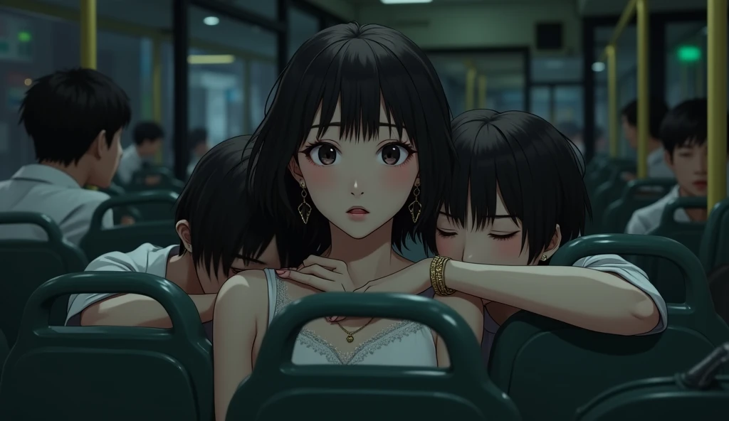 (32K:1.9, Horror depictions:1.9, Highest quality, masterpiece, Ultra-high resolution, Professional random angle camera work:1.5, Very detailedな肌と顔の質感:1.4), Always accurate, Very detailed, bag, (Cute Japanese Woman, Camisole dress and cardigan:1.6, Incredibly slim body:1.3, areola is not visible:1.4, Big breasts on the verge of collapse), ((Crowded bus:2.0, Crazy behavior:1.9, On the bus、Two young male high school students are hugging a woman from behind:1.7)), belt, Fair skin, elegant, sense of cleanliness, Thin eyebrows, (Surprised:1.0, Puzzled:1.0, A look that shows deep contempt for you:1.3, Big eyes that exude beautiful eroticism:0.4, Please open your mouth a little, lipstick, Feel the beautiful eroticism:1.0, Dark brown medium hair), Earrings, necklace, bracelet, romantic, mysterious, Object of admiration, original, dramatic, artistic, Innovative, charm, Heartful, Fancy, Tilt, sense of loss, special, ((exciting, Extreme, sense of openness, suffering, sufferingの表現)), ((Mistakes of Youth, 女性的なcharm))