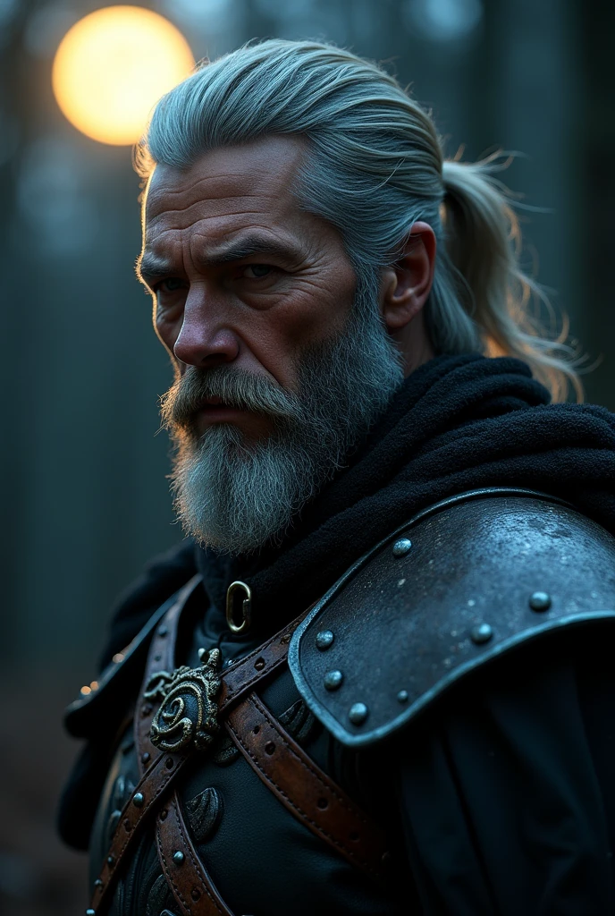 Actor Travis Fimmel (travis fimmel) Geralt of Rivia (Geralt of Rivia) Night portrait of, his face is illuminated by the full moon, He has a beard, Model shooting style (Extremely detailed CG Unity 8K), Full-frame photography of the world's most beautiful works of art, Medieval wizard armor, Greg Rutkowski's professional majestic paintings, Popular on artstation, Popular on CGsociety, complex, Very detailed, Be focused, dramatic, Midjourney's realistic paintings