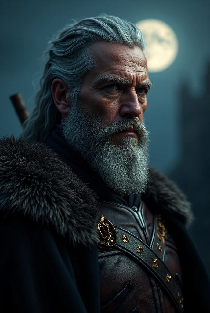 Actor Travis Fimmel (travis fimmel) Geralt of Rivia (Geralt of Rivia) Night portrait of, his face is illuminated by the full moon, He has a beard, Model shooting style (Extremely detailed CG Unity 8K), Full-frame photography of the world's most beautiful works of art, Medieval wizard armor, Greg Rutkowski's professional majestic paintings, Popular on artstation, Popular on CGsociety, complex, Very detailed, Be focused, dramatic, Midjourney's realistic paintings