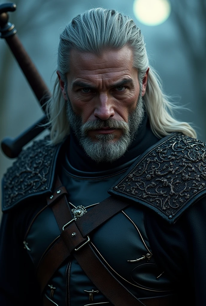 Actor Travis Fimmel (travis fimmel) Geralt of Rivia (Geralt of Rivia) Night portrait of, his face is illuminated by the full moon, He has a beard, Model shooting style (Extremely detailed CG Unity 8K), Full-frame photography of the world's most beautiful works of art, Medieval wizard armor, Greg Rutkowski's professional majestic paintings, Popular on artstation, Popular on CGsociety, complex, Very detailed, Be focused, dramatic, Midjourney's realistic paintings