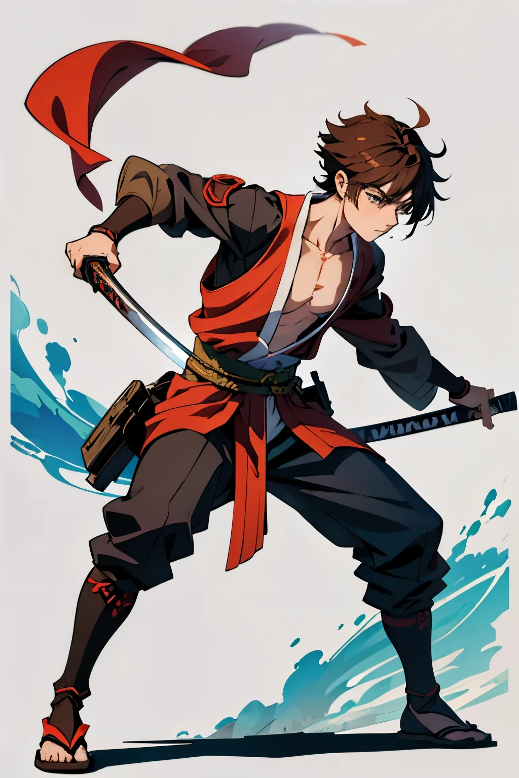 Anime boy, he holds a katana in each hand, anime boy with messy brown hair, he wears something similar to a technological Japanese kimono, character is young and in a combat stance, character in a dynamic pose, character in a combat stance, character fighting with swords, full body character